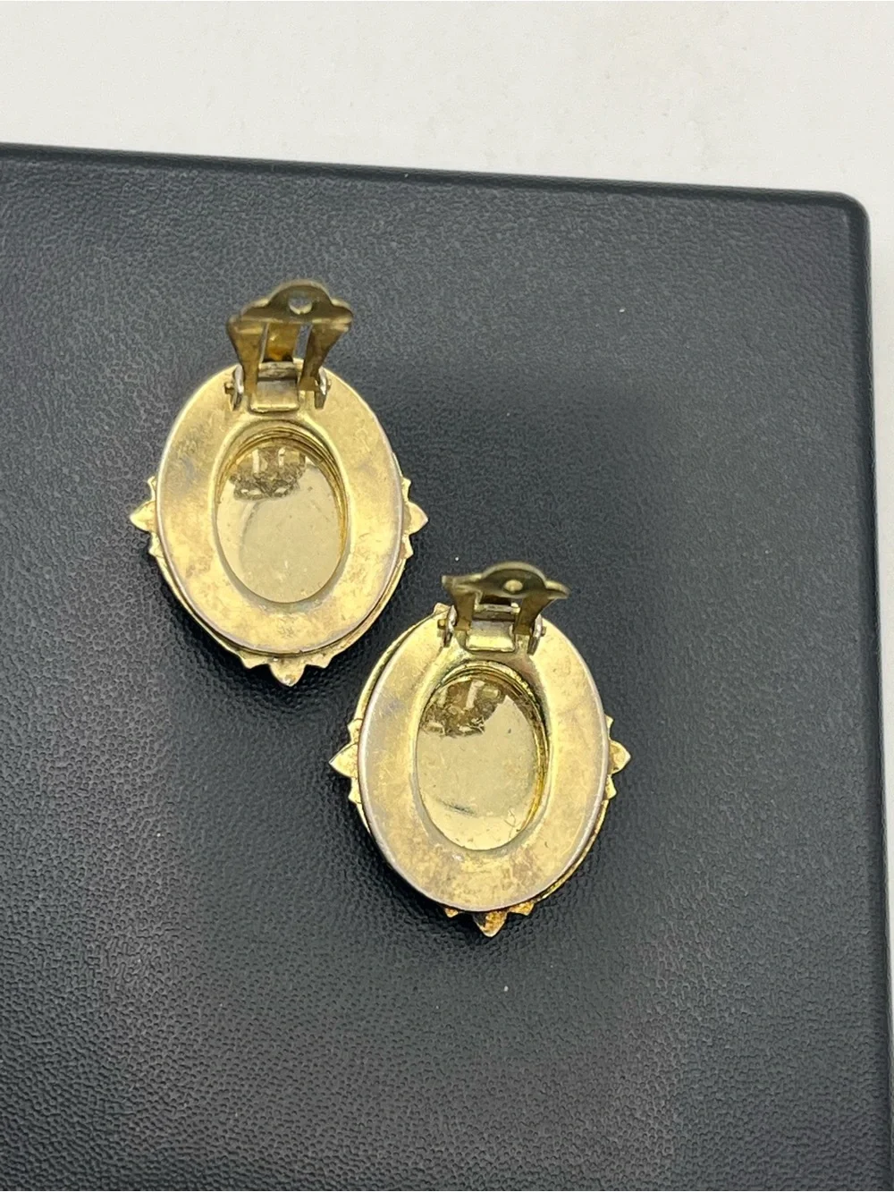 Whiting & Davis 1950’s Victorian Revival Gold tone mother of pearl clip earrings